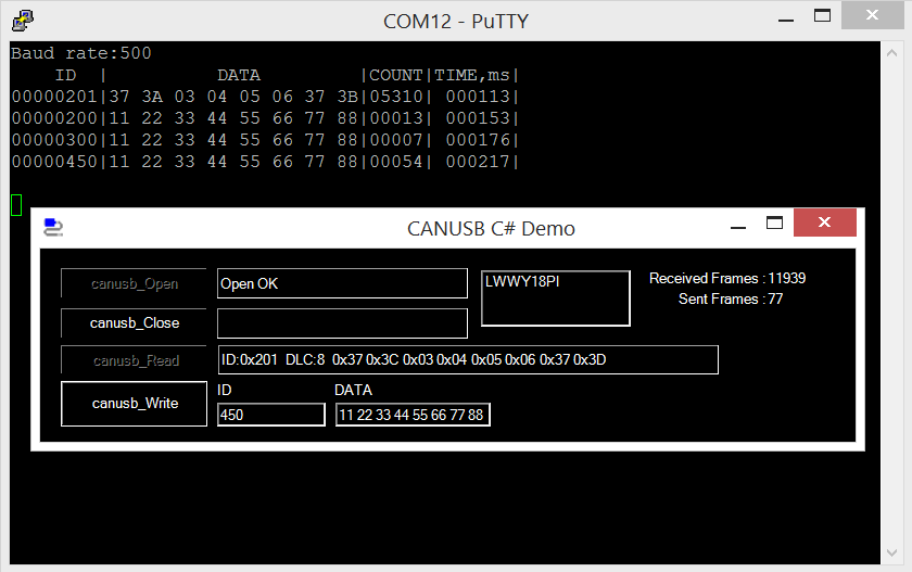  Elduino CAN128 sniffer terminal window